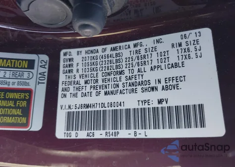 2013 Honda Cr-V Ex-L из США, поврежденный, VIN 5J6RM4H71DL080041